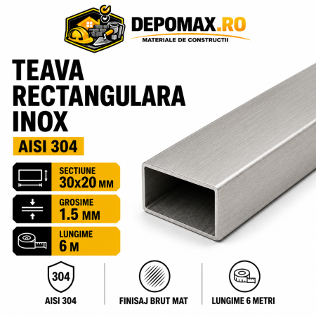 Teava rectangulara inox AISI 304, 30 x 20 x 1.5 mm, 6 metri